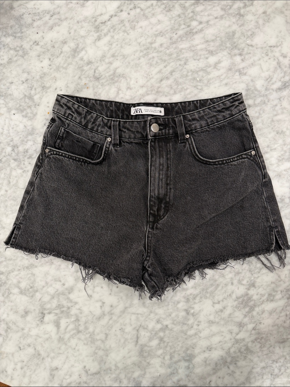 Zara Charcoal Frayed Hem Denim Shorts